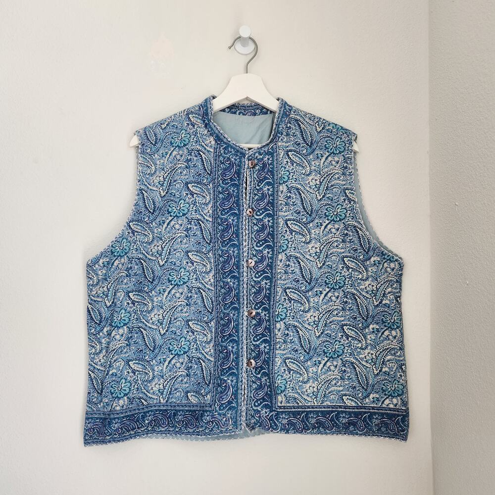 Vintage Reversible Blue Paisley Cotton Vest Handmade Sleeveless Tank Top XXL